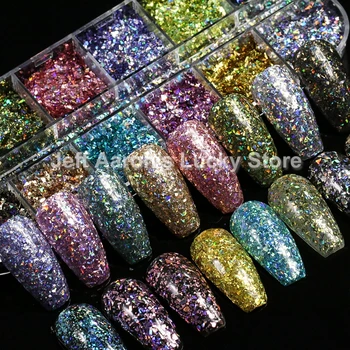 12 Laser Värvid Ebaregulaarne Glitter Geeli Küünte Poola Pulber Litrid Küünte Art Kaunistused Vahend Tarvikud