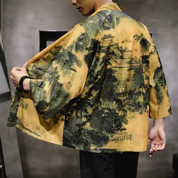 2022 Hiina Stiilis Kimono Jakk Meeste Kraana Trükitud Pikk Must Kimono Jakk Meeste Vabaaja Kimono Jakk Meestele