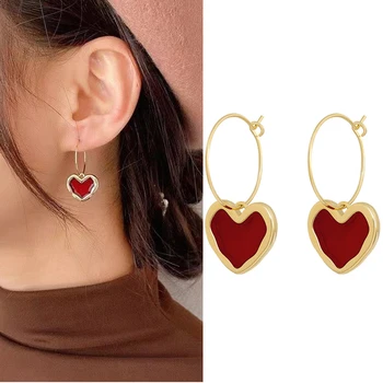 2022 korea fashion vintage punane emailiga südame tolknema kõrvarõngad hoop naiste jaoks tüdrukud esteetiline armastus naine tilk kõrvarõngas retro trend