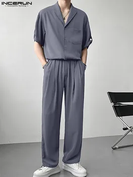 2022 Mood Meeste Komplektid (Solid Color korea Rinnamikrofon Lühikese Varrukaga Särk & Pikad Püksid 2TK Streetwear Meeste Vabaaja Kostüümid 5XL INCERUN