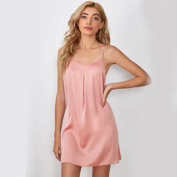 2022 Naiste Silk Nightgowns Suvel Värviga Magab Kleit Tüdrukud Sleepshirt Pajama Öö Kleit Plain Satiin Pilduma Pidžaama