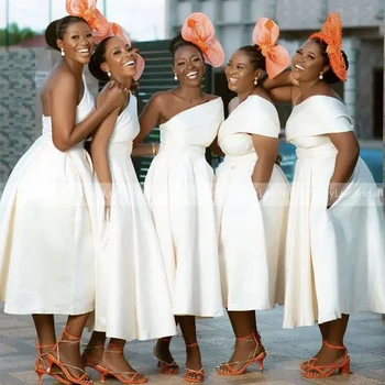 Aafrika Naiste Beež Lühike Pruutneitsi Kleidid Tasku Ühe Õla Mati Tee Pikkus Pluss Suurus Suvel Pulmas Kleit