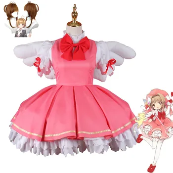 Anime Filmi Cardcaptor Sakura Kinomoto Cosplay Kostüüm Parukas Lolita Punane Valge Võitleb Tiiva Naiste Kawaii Jõulud Karneval Ülikond