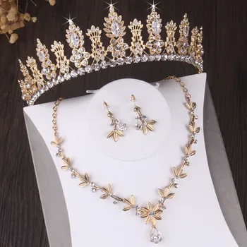 Barokk Vintage Crystal Leaf Morsiamen Ehted Komplektid Rhinestone Pulm Crown Tiara Kõrvarõngad Kaelakee Aafrika Helmed Ehete Komplekt