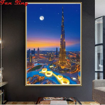 Diy Diamond Maali Dubai City Night View Full Ruut, Ring Rhinestone 3D Tikandid Mosaiik ristpistes Kodu Kaunistamiseks