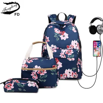 Fengdong 3tk/set laste koolikotid tüdrukute must lill seljakott USB koolikotti studen õie lunch toidu kott, pliiats kotti komplekt
