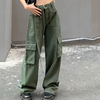 Green Cargo Püksid Naiste Uued Kottis Teksad Mõõdus Tasku Stiilne Vintage 90s Streetwear Pruun Sirge Lai Säär Kõrge Vöökoht Püksid