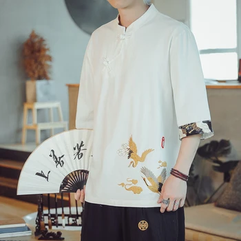 Hiina Stiilis Tai Chi Kung Fu Meeste Lühike Sleevet Retro Kraana Tikandid Qipao Tops Zen Tee Tang Sobiks Päevasärgid Pluus