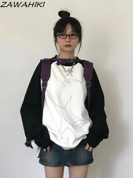 Jaapani Harajuku Raglaani Varrukaga T-särgid Pikad Varrukad O-kaeluse Pullover Hupparit Y2K Esteetiline Riided Naiste Graafiline Print Tshirts