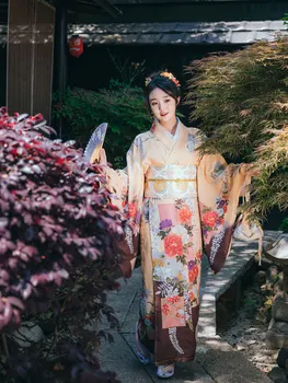 Jaapani Stiil Naiste Kimono Traditsiooniline Suvine Yukata Kollast Värvi Lill Prindib Sooritades Kleit Cosplay Riided Vann Rüü