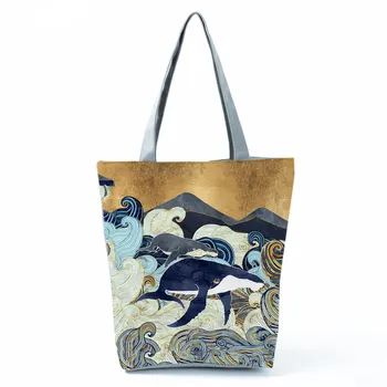 Jaapani Ukiyo Disain Käekotid Dolphin Trükitud Õlakott, Uus Loomade Moe Tassima Eco Sõbralik Ostukott Kaasaskantav Beach Kott