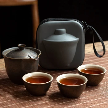 Keraamiline Teekann 1 Pott 3 Tassi Väljas Reisi Kung Fu Teaware Tseremoonia Kott Hiina Gaiwan Tureen Tee Set Designer