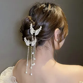 Korea Elegantne Pearl Tiivad Headdress Pikk Tutt Krabi Juukse Klambrid Juuste Aksessuaarid, Naised, Tüdrukud Ehted