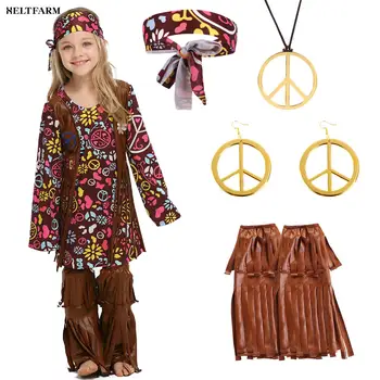 Lapsed Hipi Kostüüm Komplekt Tüdrukute Kleit, Hipi 60s 70s Rahu Märk Kõrvarõngad Halloween Maskeraad Cosplay Kleit Üles Poole