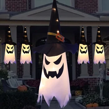 LED Halloween Teenetemärgi Vilkuv Valgus Gypsophila Ghost Festival Kleit Üles Hõõguv Wizard Vaimu Müts Lamp Decor Rippuvad Laternad