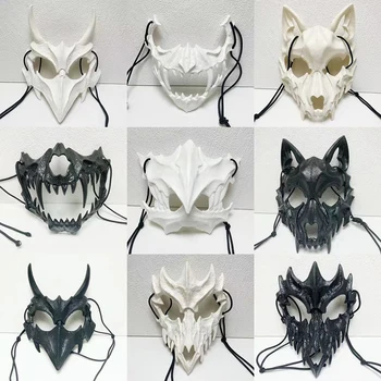 Luu Mask Halloween Hirmutav Maskid Kaua Hambad Deemon Samurai Valge Luu Mask Cosplay Maskeraad Karneval Isiku Rekvisiidid