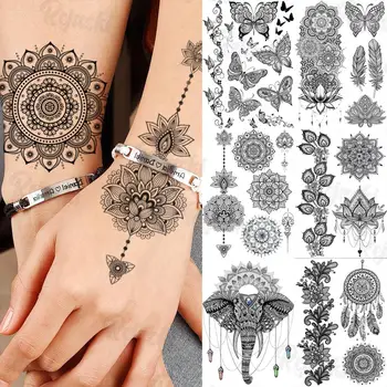 Mandala Lotus Henna Ajutise Tattoo Naised Küünarvarre Tatoos Realistlik Liblikas Sulg Elevant Mehndi Võltsitud Tätoveering Kleebis