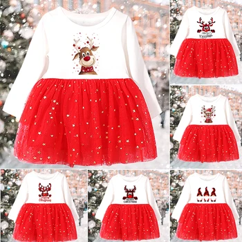 Merry Christmas Tüdrukud Punane Pika Varrukaga Kleidid Väikelapse Vastsündinud Beebi Riided Kleit Prindi Xmas Varustus Pühad Esitada Tutu Kleit