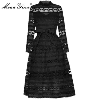 MoaaYina Moe Disainer kleit Kevadel Naiste Kleit Seista krae Pikk varrukas pits-up Õõnes välja Tikandid Ball Kleit Kleidid