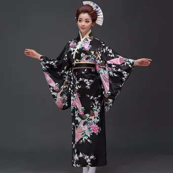 Must peafowl Jaapani Kimono Naiste Polüester Satiin Kimono Yukata õhtukleit Haori Kimono Koos Obi Üks Suurus