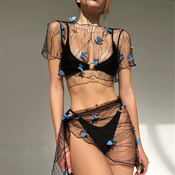 Naiste Bikini Cover-up Komplekt, mille Võrgusilma Õhuke kolmemõõtmeline Liblikas Teenetemärgi Lühikesed Varrukad Saagi Tops Tie-up Sarong Wrap Seelikud