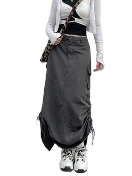 Naiste Pikk, Lasti Seelikud, millel on Taskud Pingutusnöör Kroogitud Kottis Seelik Y2K Vintage Streetwear