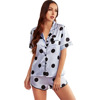 Naiste Siserõivad Pjs Polka Dots Nightwear Nuppu Alla Satiin Sleepwear Pajama Komplekt