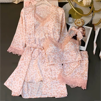 Roosa Leopard Pidžaama Sleepwear Kehtestatud Kevad-Suvine Naiste Hommikumantel Nightgowns Rihm Top Ja Lühikesed Püksid Nightwear Nelja-Osaline Komplekt, Vabaaja Homewear