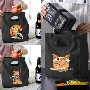 Samurai Kass Print Must Lunch Kotid Külmik Totes Kaasaskantav Isoleeritud Kasti Lõuend Termilise Külma Toidu Mahuti Piknik Naised