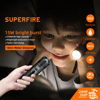 SUPERFIRE A2-S P50 15W Ultra Bright LED Taskulamp Zoomable Tõrvik USB Laetav Suure Võimsusega Väljas Laterna