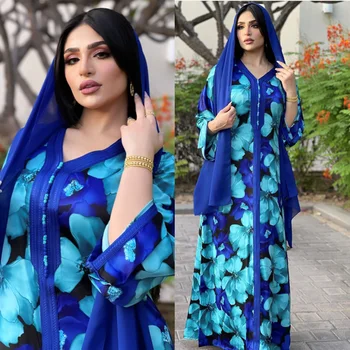 Suvel Elegantne Kogu Kleidid Ramadan Sinine Lill Kebaya Islam Naiste Riided Moslemi Mood Kleit Pikk Dubai seal kaftan Araabia Flora