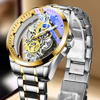 TIGERAO Vaadata Meestele Uued Skeleton Mitte Automaatne Mehaaniline Käekell Luxury Gold Vintage Veekindel Mees Kell Reloj Hombre