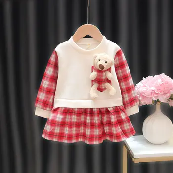 Tüdrukud Beebi Printsess Kleit Kevadel ja Sügisel Laste Pikkade varrukatega Kleit Uus Väikelapse Beebi Ruuduline Kleit Tasuta Karu