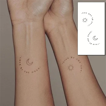 Veekindel Ajutine Tätoveering Stickere Sun Moon Inglise Disain Body Art Võltsitud Tattoo Flash Tätoveering Randme Pahkluu Naine Mees