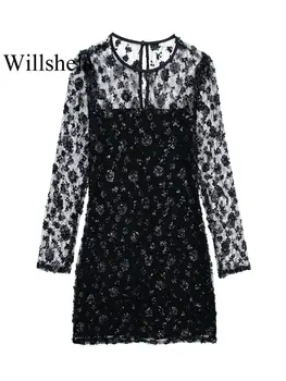 Willshela Naiste Mood Ehitud Segast Pingeline Mini Kleit Vintage O-Kaelus Pikad Varrukad Naiste Stiilne Daam Kleidid
