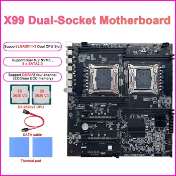 X99 Dual-Socket Kaevandamine Emaplaadi+2XE5-2620 V3 CPU+2Xthermal Pad+SATA Kaabel LGA2011-3 Dual CPU DDR4 RAM Slots 8XSATA2.0