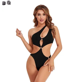 （bq）2022 Uus One-Piece Tahke Värv Ujumistrikoo Naiste Sexy Bikini Diagonaalse Õla Seksikas Mini Kõrge Vöökoht Bikiinid
